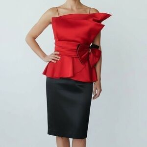 Vintage JCPenney Red Peplum Top Rhinestone Bow Detail Size 11 12